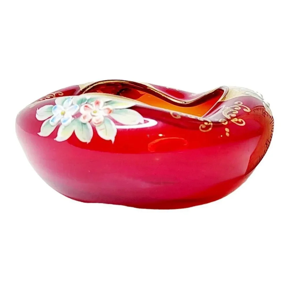 Vtg Hand Painted Bohemian Czech Ruby Red 22K‎ Gold Dish Ashtray Enamel Flowers